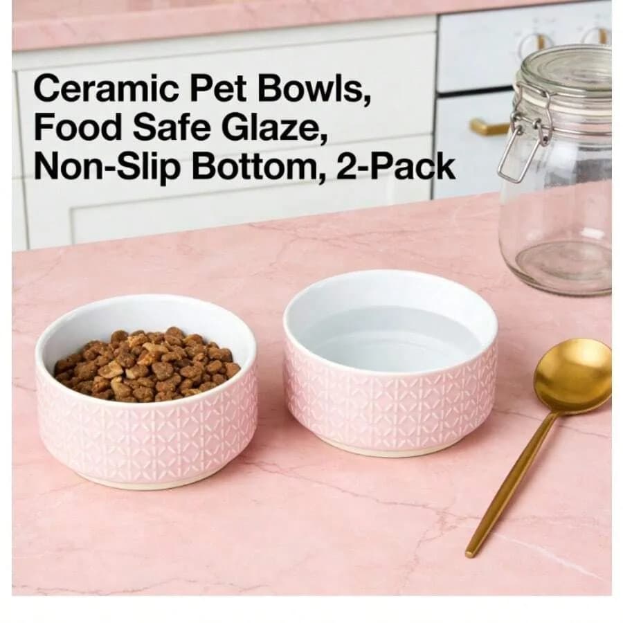 【Nuovo Arrivo】Ciotole in Ceramica Rosa con Rilievo, Set da 2 Piatti per Cibo e Acqua con Base Antiscivolo per Gatti e Cani