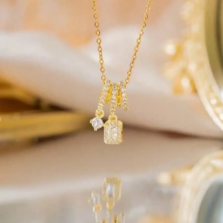 New Electroplated Square Tassel Pendant Necklace, Luxury Geometric Zircon Clavicle Necklace