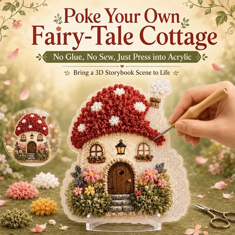 3D Mushroom House Poke Art DIY Kit Fabric Punch Needle Embroidery Set Hand‑Making Craft Kit with Tool & Colorful Yarn Home Decor