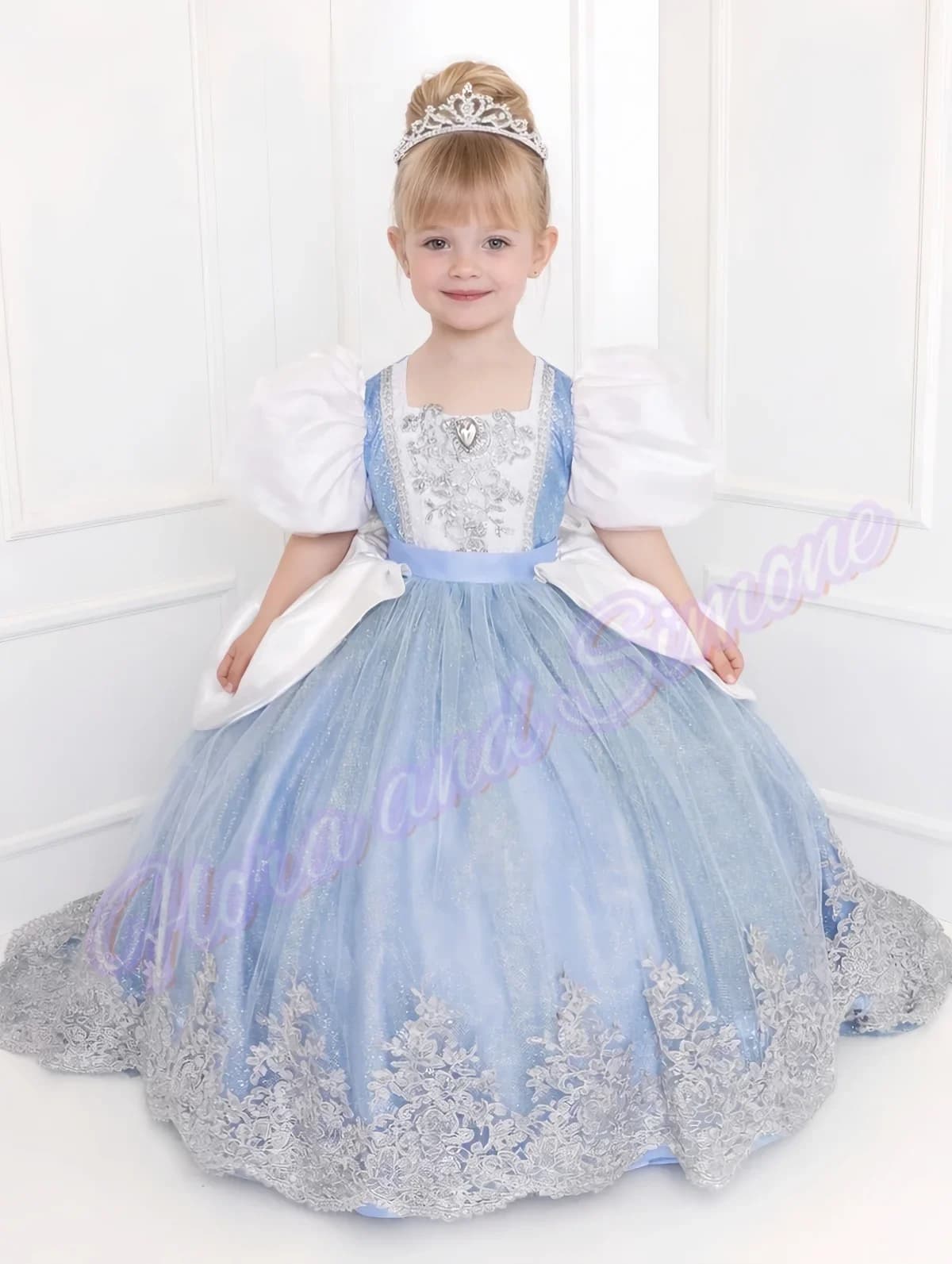 Abito da principessa azzurro cielo con maniche a sbuffo, gonna voluminosa, abito da damigella d'onore per feste di compleanno, banchetti, personalizzabile.
