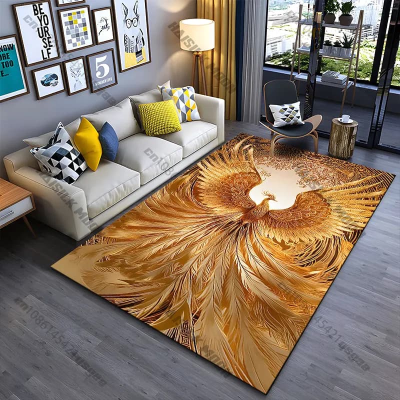 Majestoso tappeto con fenice dorata, eleganza intricata, tappeto per yoga, decorazione per soggiorno, tappetino per gattonare per bambini, zerbino, tappeto per area gioco