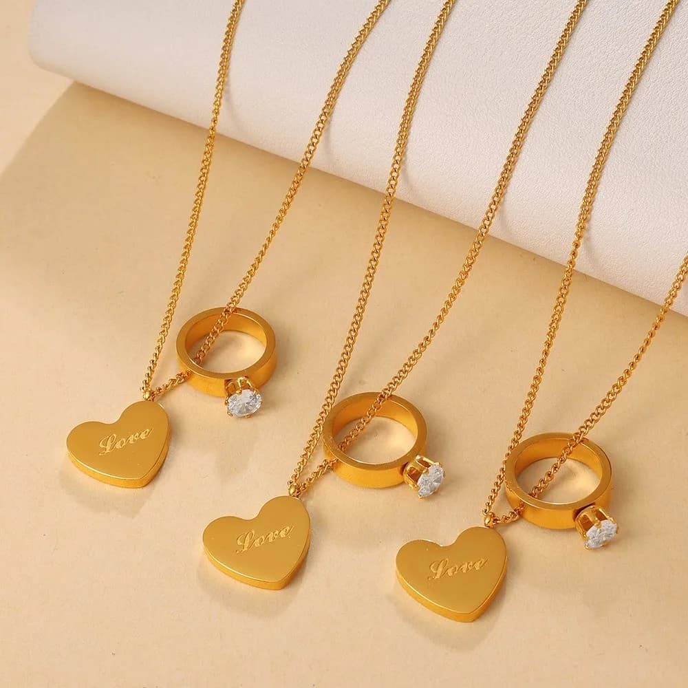 Gold Heart Ring Pendant Necklace Stainless Steel Aesthetic Love Inspired Choke Jewelry Vintage Romantic Heart Necklace