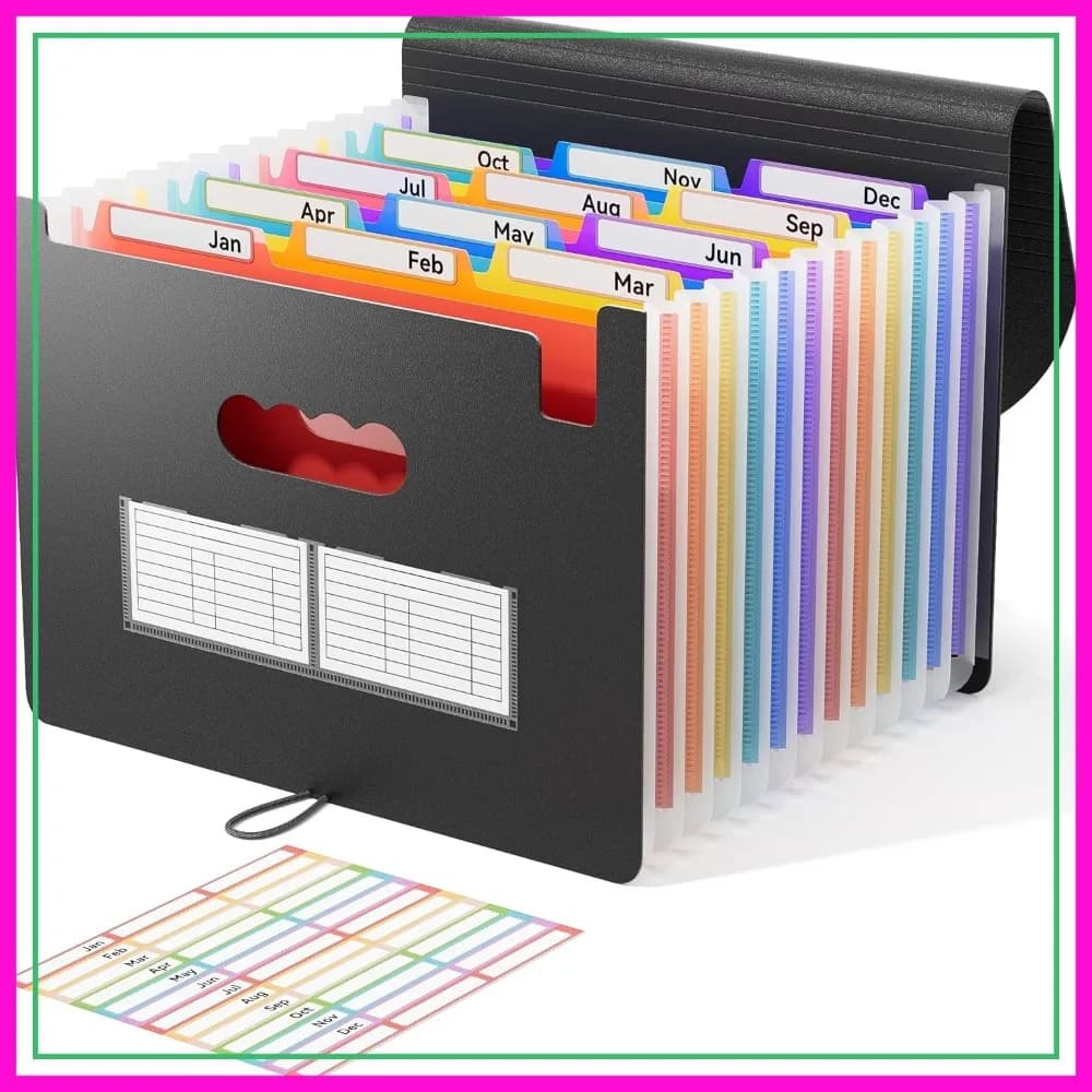Cartella Portadocumenti a Fisarmonica con 12 Tasche, Organizzatore Espandibile in Plastica per Fatture, Documenti, Ricevute, Formato A4/Letter con Linguette Colorate