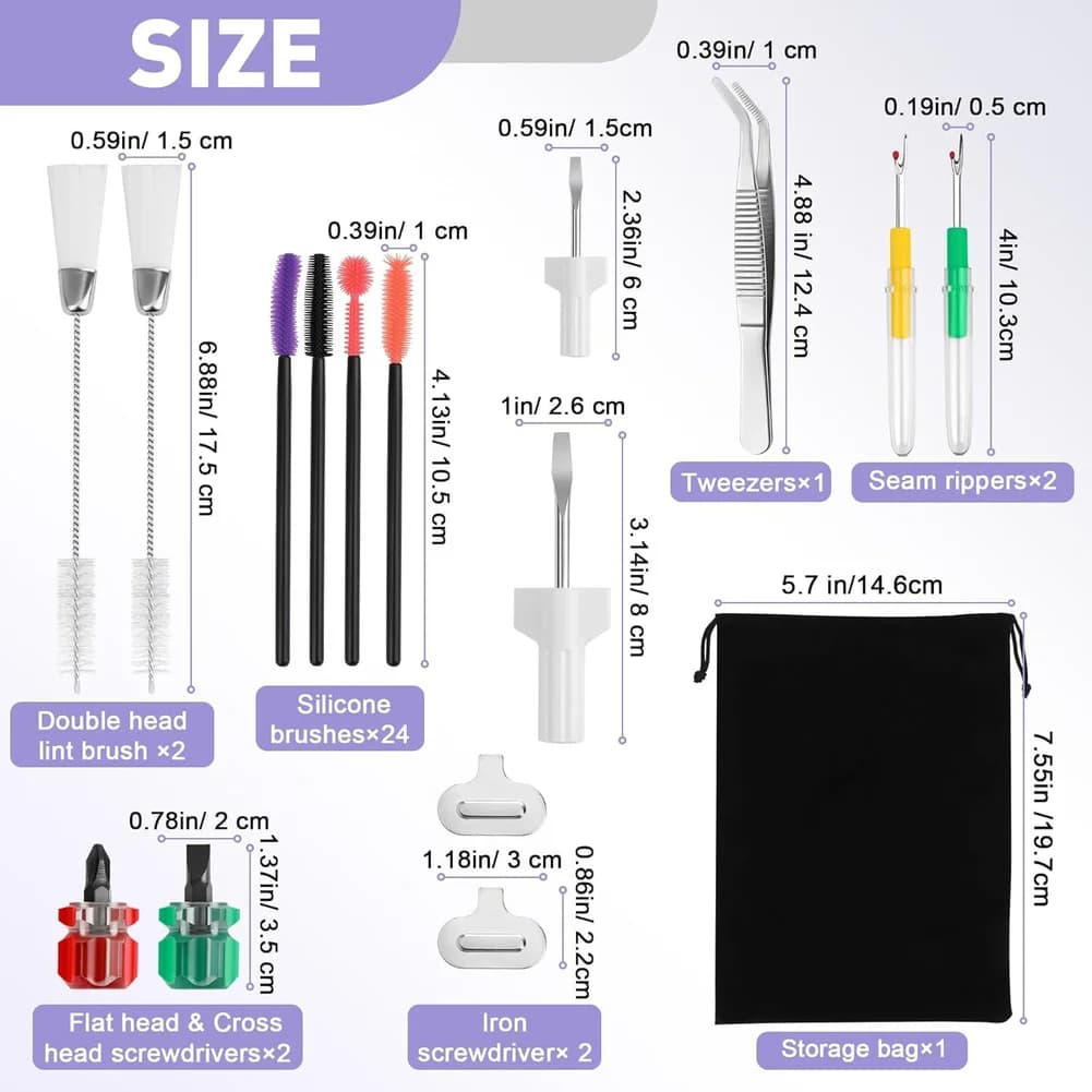 Kit di pulizia per macchina da cucire da 36 pezzi con spazzole in silicone/districatori/pinzette/cacciaviti/borsa portaoggetti portatile per riparazioni