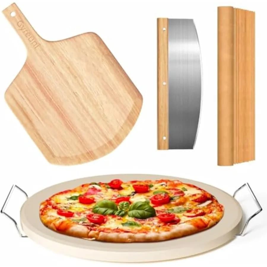5 PCS Round Pizza Stone Set, 13" Pizza Stone for Oven and Grill with Pizza Peel OAK,Serving Rack, Pizza Cutter and 10pcs Cookin