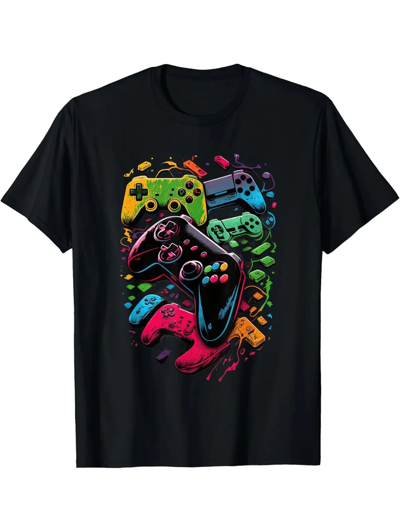 Teenager'S Plus-Size T-Shirt, Printed with Vibrant Game Controller Pattern - Regular Fit, Casual Round Neck, Slightly Stretchy Fabric, Comfortable for All Seasons - Suitable for Daily Wear, Sports, Vacations, And Gaming Activities