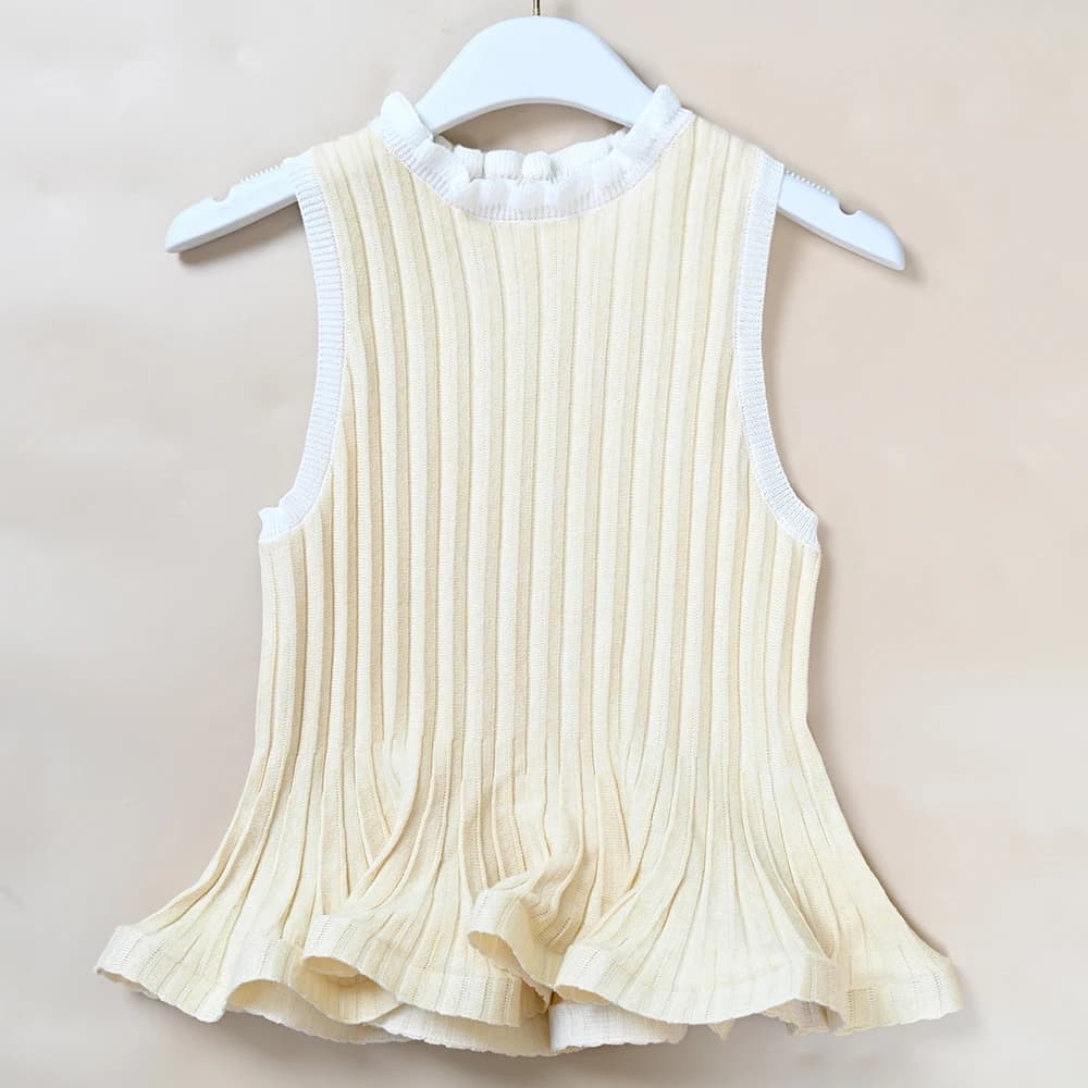 Summer New Style Lace Trim Knitted Vest Sleeveless Short Skirt Hem Top Women's Simple Style Knittedwear Stripe Pattern