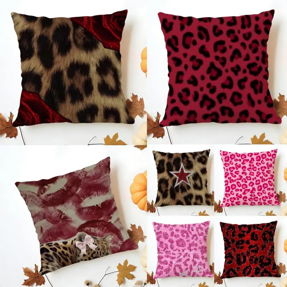 Lavatable linen anchor with leopard print and red-pink crystals, soft, for sofa, bed, cosy home decor