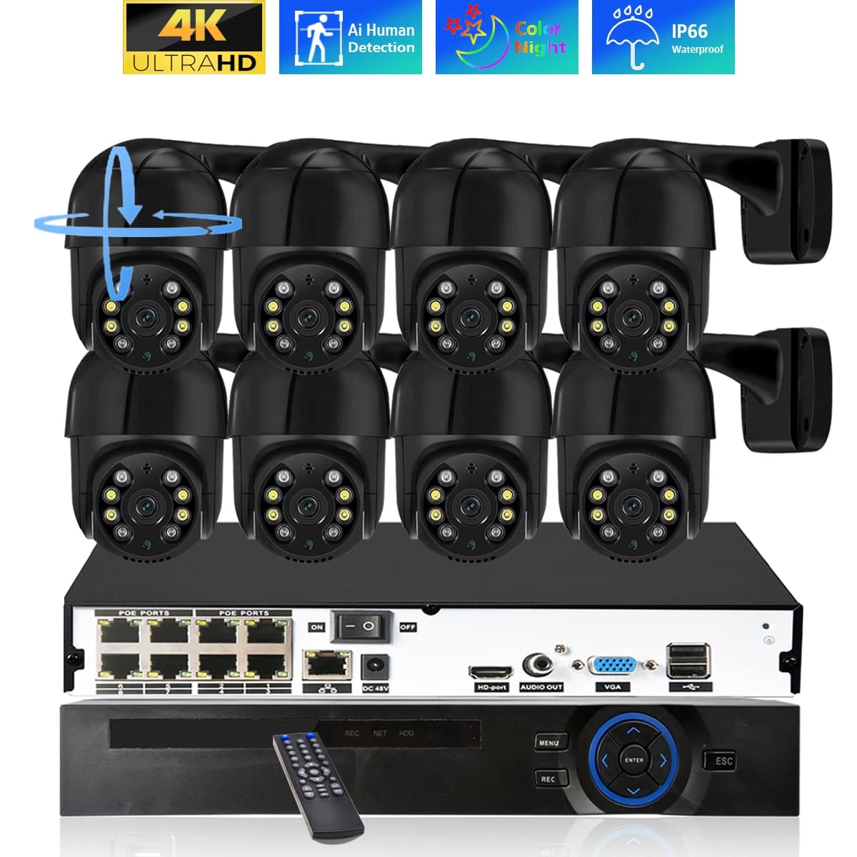 PTZ 8CH 4K 8MP Outdoor Smart Human Detred IP Camera POE Two-way Audio CCTV Xmeye video surveillance set
