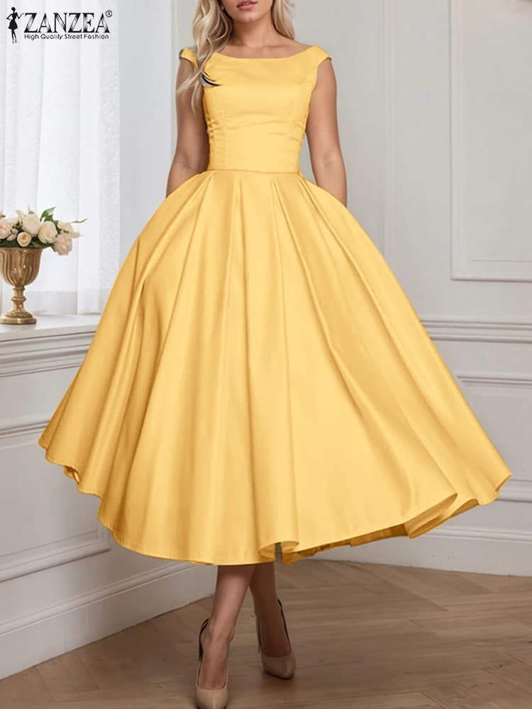 ZANZEA Abiti da cocktail party eleganti in raso senza maniche Pieghe invertite Moda donna Boatneck Vita aderente A-line Robes Femme