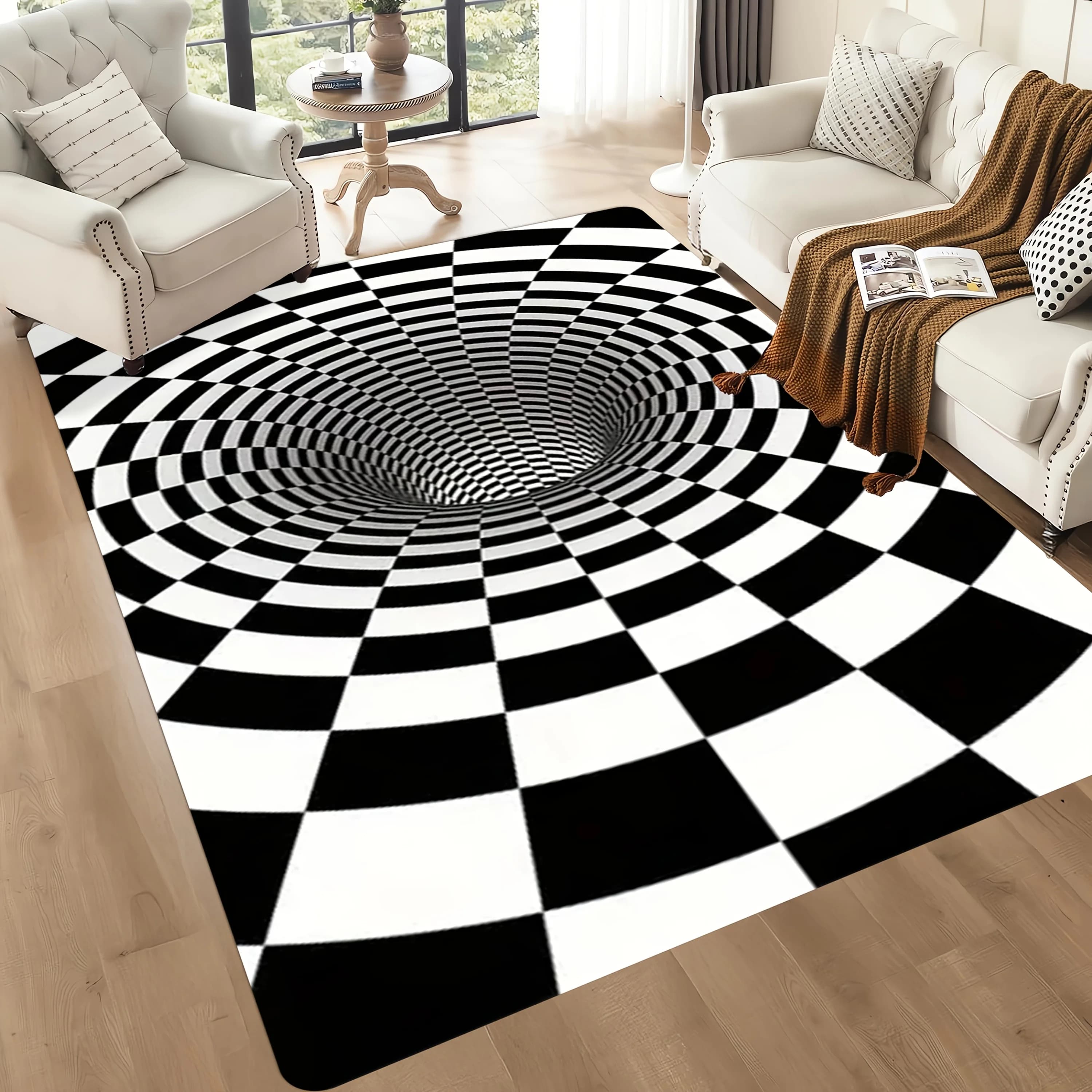 Tappeto in flanella con stampa a illusione ottica, design a scacchiera bianco e nero, tappetino in morbido pile, tappeto per soggiorno, decorazione artistica moderna
