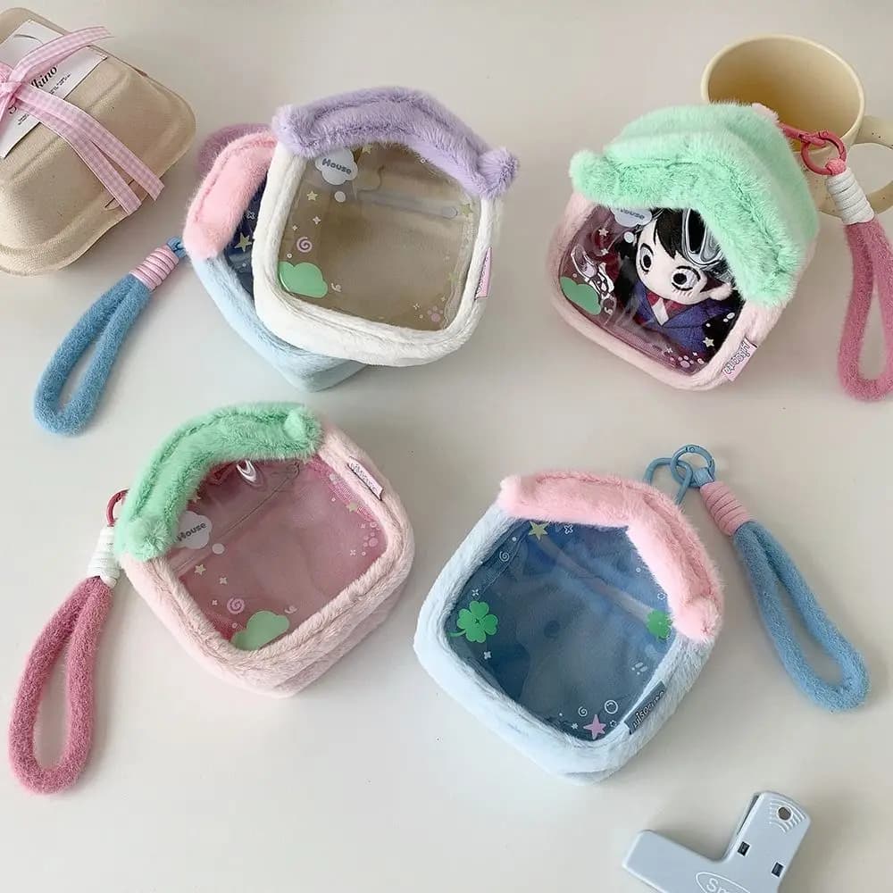 Cute Cartoon House Shape Doll Toy Bag Portable Dustproof Doll Display Box Transparent Backpack Pendant Data Cable Storage Bag
