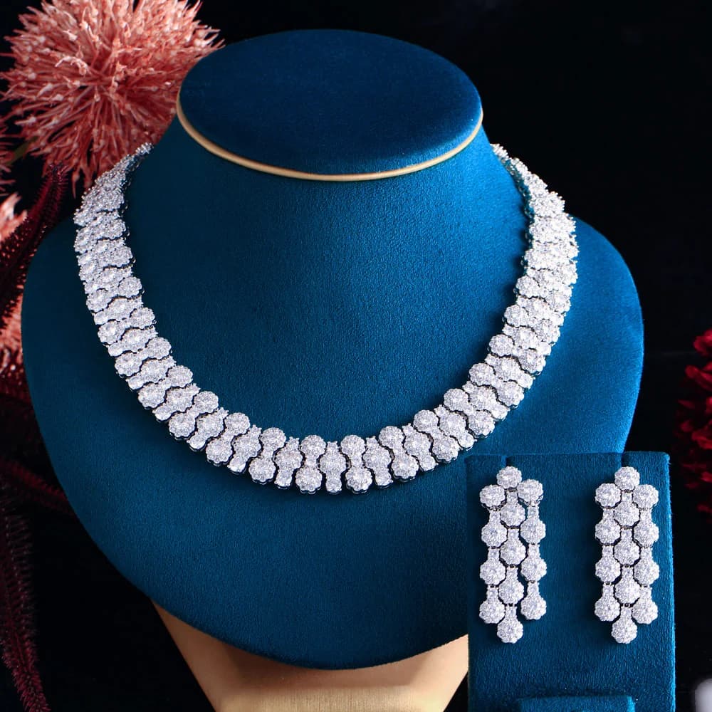 BeaQueen Luxury Shiny Cubic Zircon White Gold Color Large Necklace Earrings 2pcs Sets for Women Wedding Engagement Jewelry JS410