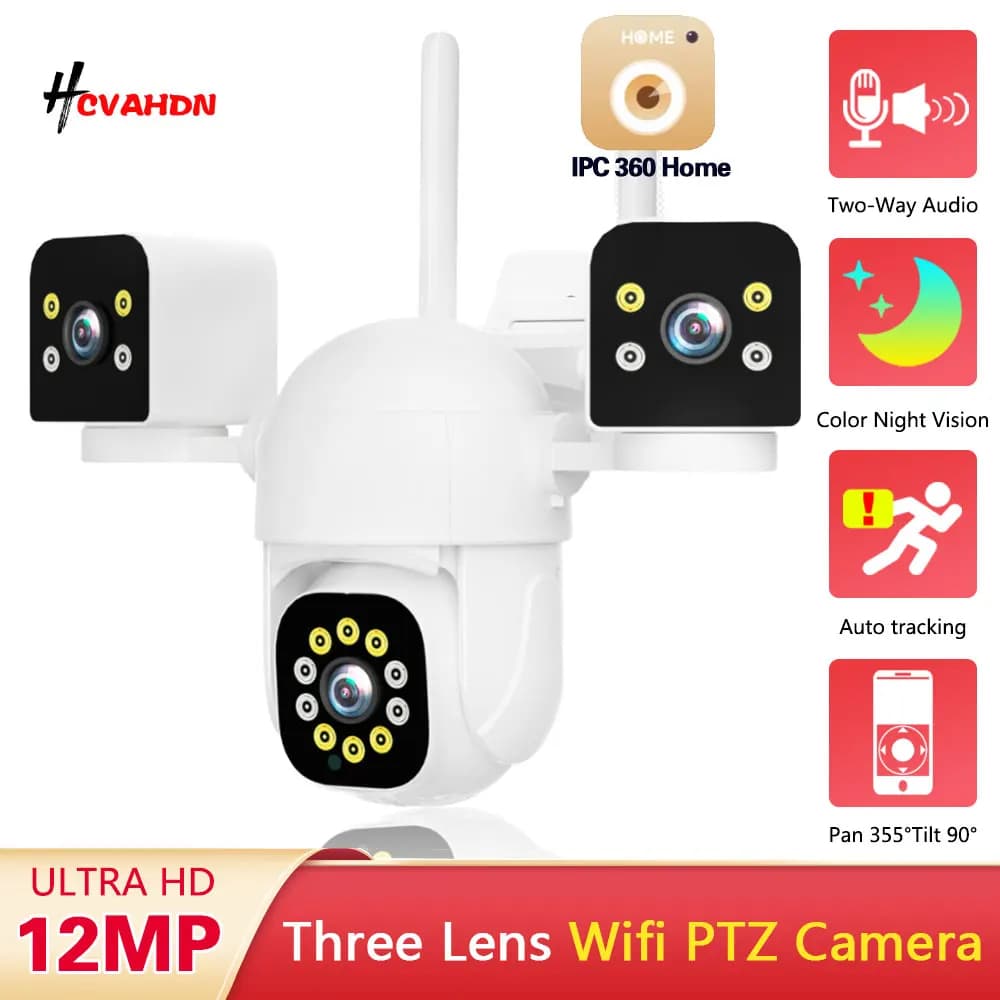 Three Lens PTZ IP Camera Outdoor 6K 12MP HD Three Screen WiFi Security Camera Auto Tracking Triple Screens Wireless CCTV Camera