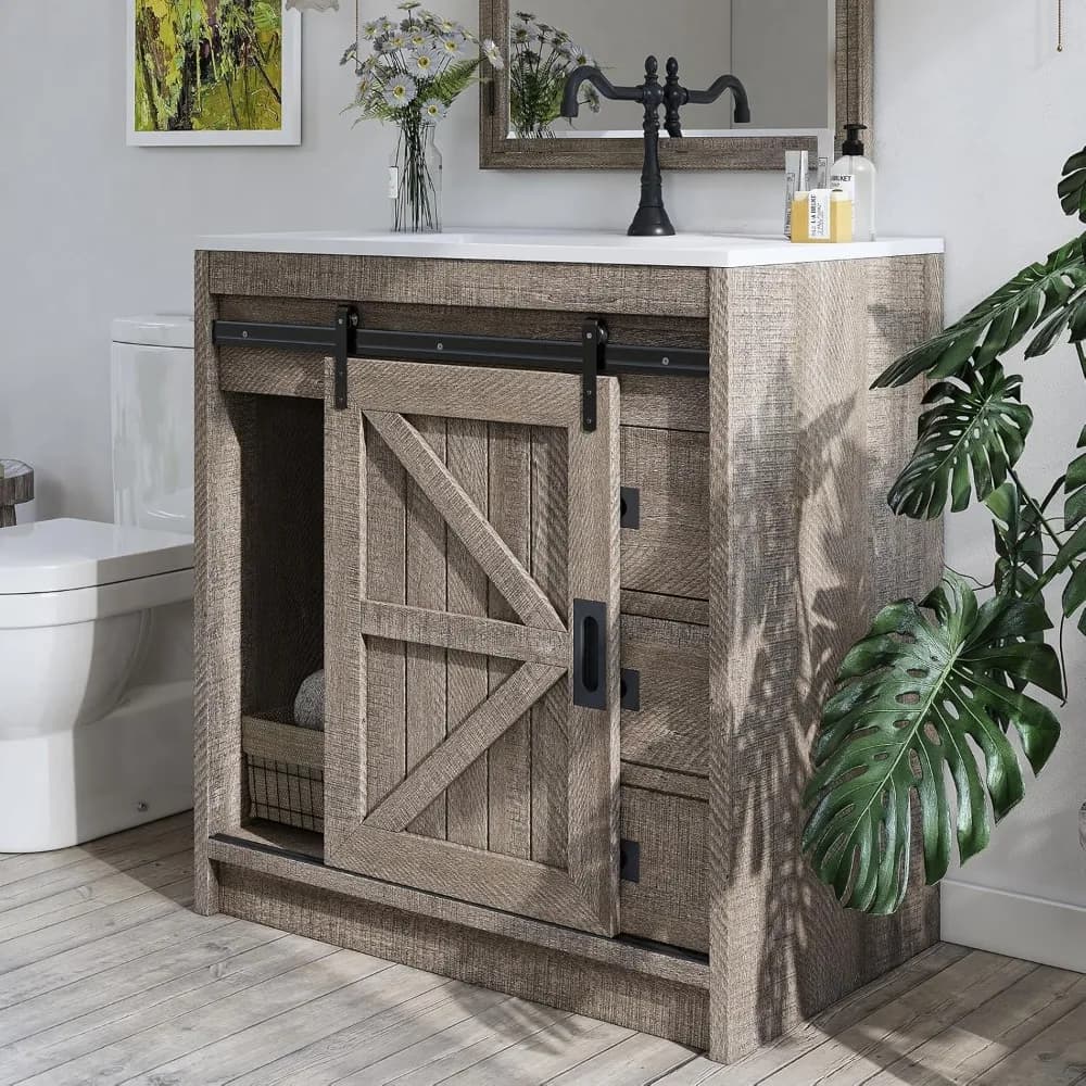Vanity da bagno con porta scorrevole da fienile da 31 pollici con lavabo combinato, mobiletto da bagno con cassetti e maniglie in metallo, indipendente