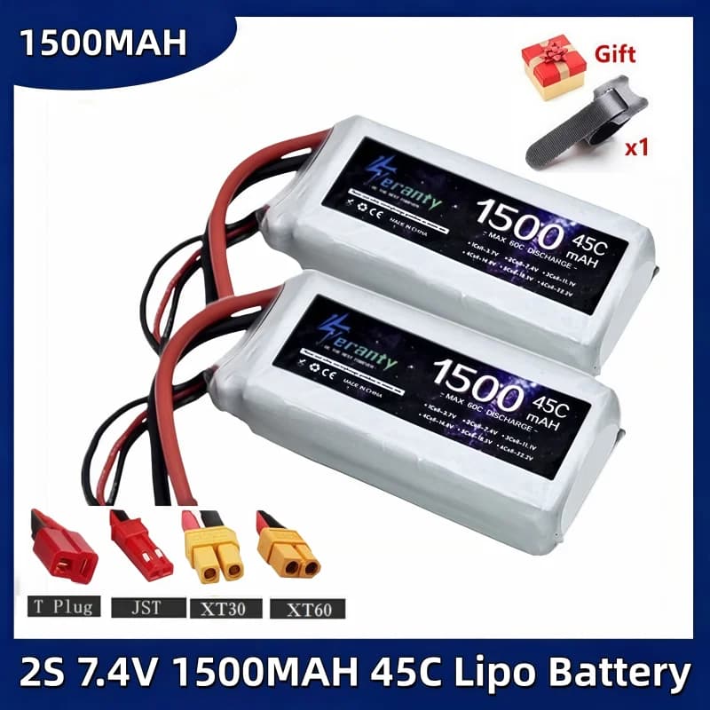 Rechargeable Lipo Battery 2S 7.4V 1500mAh 45C for RC drones, FPV Quadropts, Airplanes, Cars, Boats and Trucks