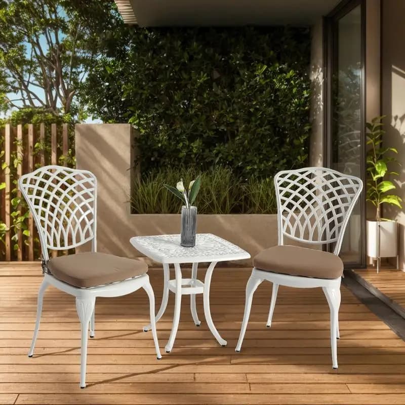 Set da bistrot in alluminio pressofuso antiruggine da 3 pezzi - 2 sedie e 1 tavolo rotondo per giardino esterno, patio, balcone, con cuscini bianchi