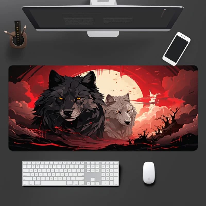 XL Gaming Mouse Pad Fiery Red Full Moon Dark Cloud Dead Tree Background Golden Eyes Black