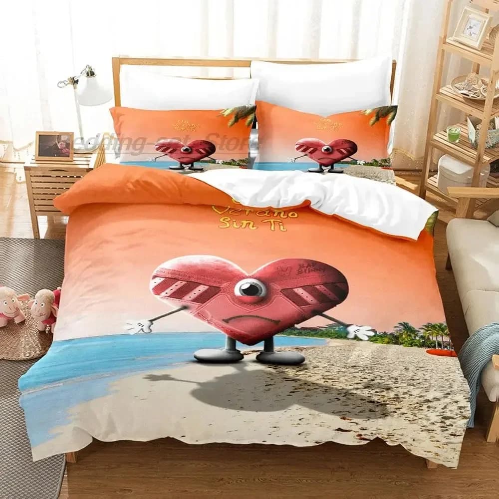 Set di biancheria da letto Bad Bunny UN VERANO SIN TI, set letto singolo, matrimoniale, queen size, king size, set copripiumino per adulti e bambini, stampa 3D