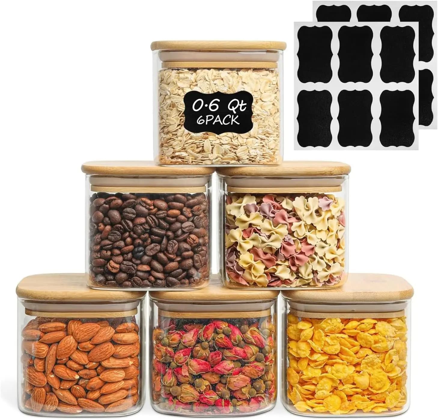 Set di 6 barattoli in vetro da 0,6 Qt per alimenti, contenitori trasparenti con coperchi ermetici, barattoli per l'organizzazione della dispensa, barattoli per spezie, Blo