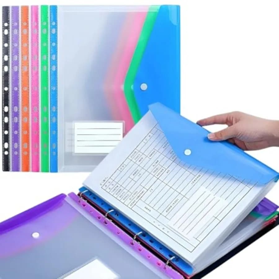 Binder Pocket, 6 Pack Plastic Envelopes Binder Pocket, 11 Holes Expandable Binder Folders for 2/3/4 Ring Document Pouch with Sn