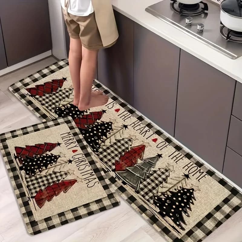 1 PC Runner Rugs Crystal Velvet Christmas Kitchen Rugs Plaid Fir Design Rectangular Mats Suitable For Home Christmas Decor Machine Washable Polyester Woven Soft Flannel Fabric Non Slip Backing Durable Holiday Floor Rugs Festive Interior Decor Unique