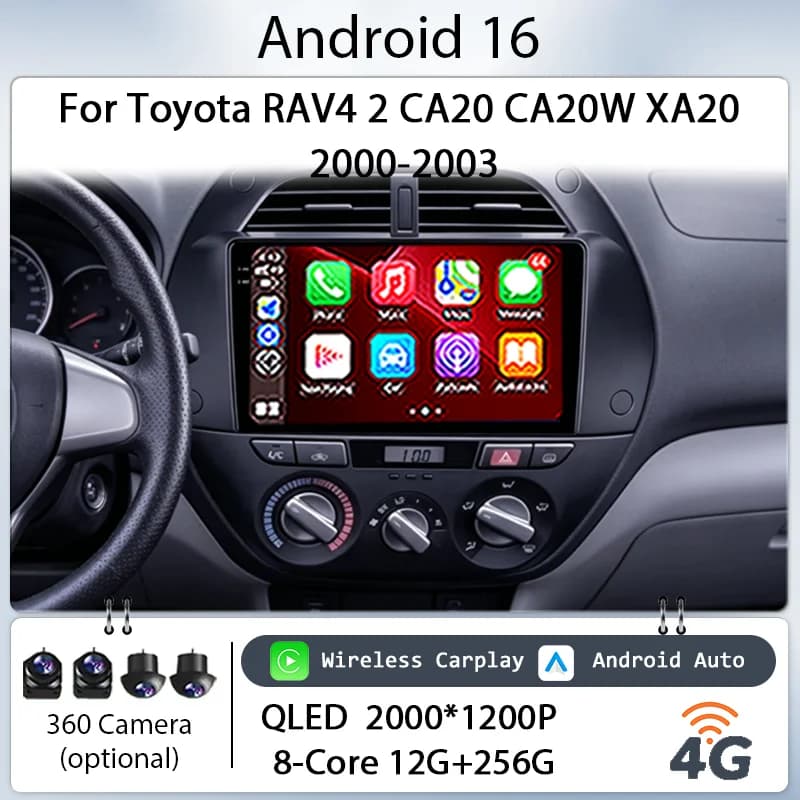 for Toyota RAV4 2 CA20 CA20W XA20 2000-2003 Car Radio Multimedia Player 9" Android 16 Wireless CarPlay GPS BT WIFI DSP IPS QLED