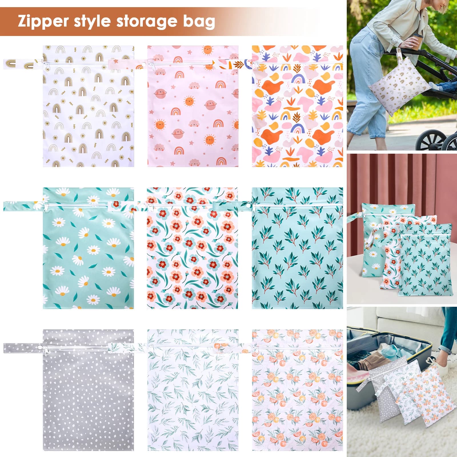 Set of 3 Bags Waterproof in Polyester for Diapers with Wrist Strap, Reusable for Travel and Laundry, Stoffa Diaper Organizer