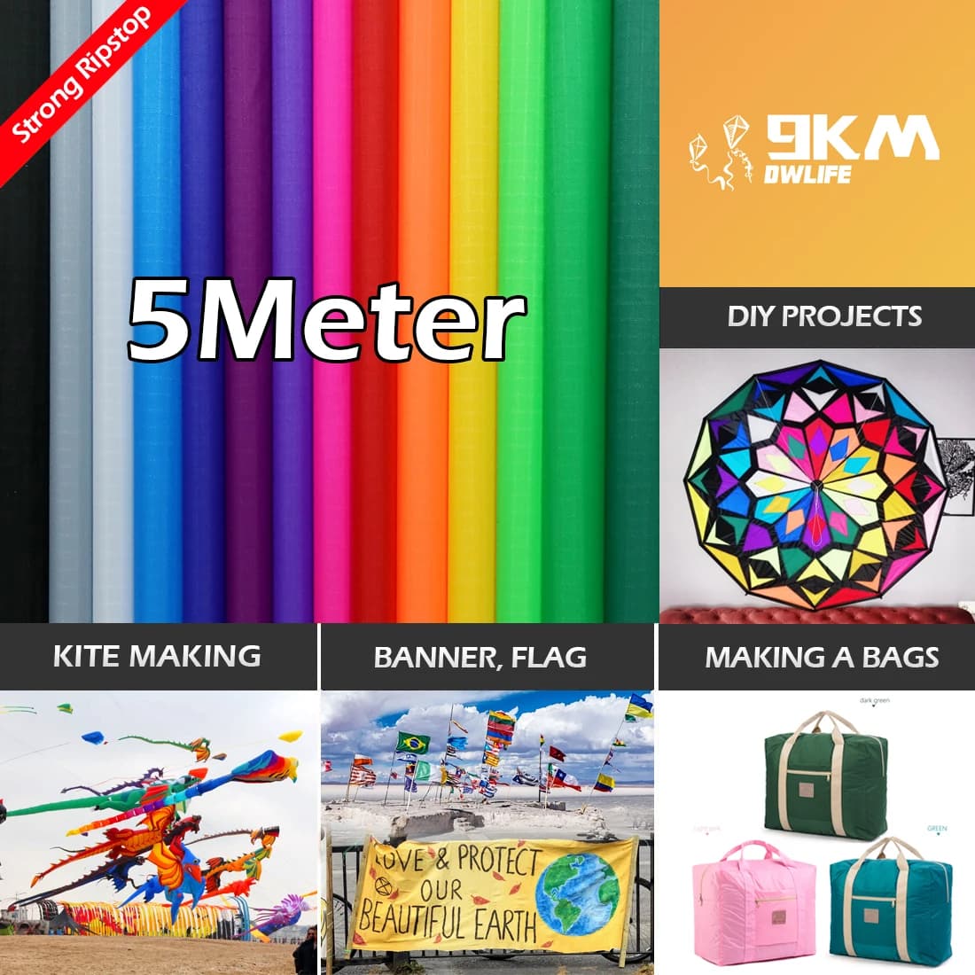 9KM 5m 40D Ripstop Nylon Fabric Waterproof Aquilone Fabric Lightweight 48g/m2 THK 0.9mm for Line Laundry Aquilone and Bags Material FAI DA TE