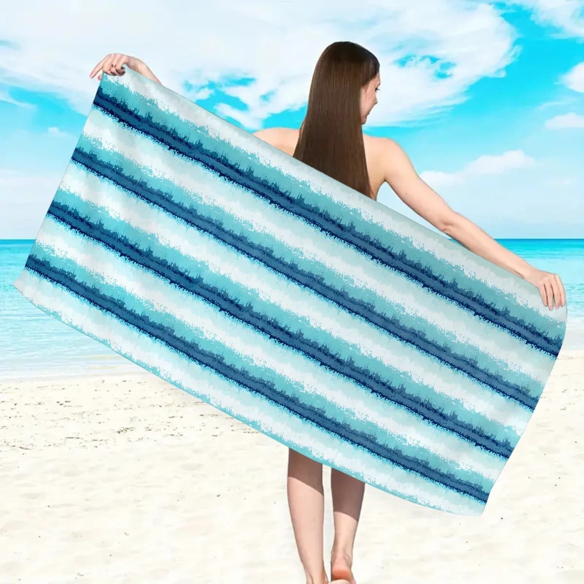 Telo Mare a Righe Blu Acquerello, Asciugatura Rapida, in Microfibra, Morbido, Anti-Sabbia, per Spiaggia, Viaggi, Nuoto, Vacanze