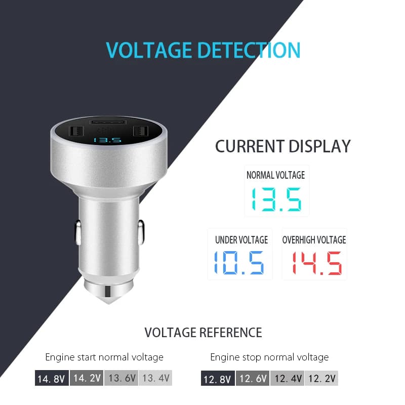 Digital display car charger, equipped with 3 USB ports - quick charging adapter for smartphones and tablets, portable charger