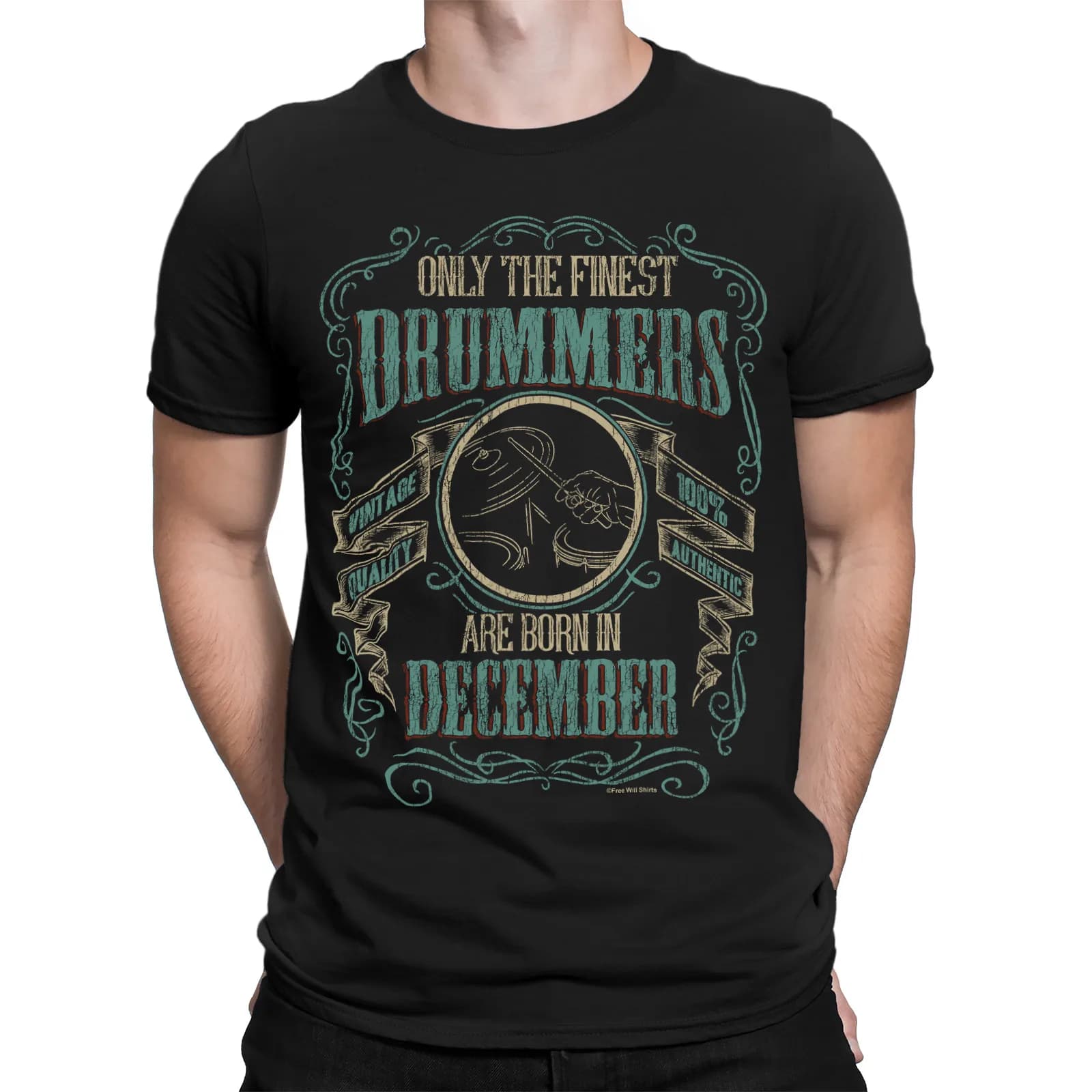 Mens Quality T-Shirt DRUMS Finest DRUMMERS Born DECEMBER Music Birthday Drumming