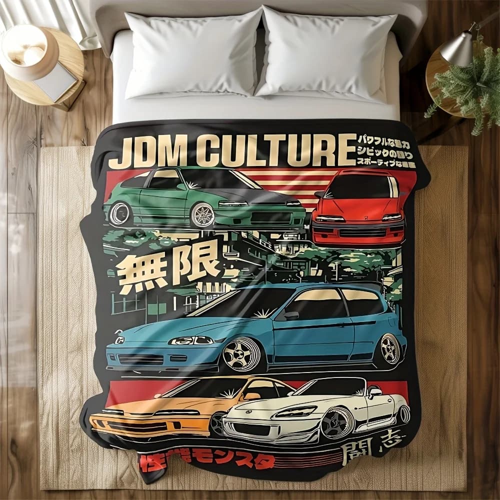 Coperta in flanella con stampa auto in stile giapponese, morbida e confortevole, ideale per viaggi, campeggio, soggiorno e ufficio