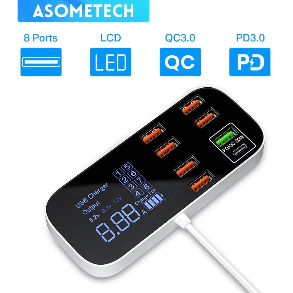 Display digitale Caricatore USB a ricarica rapida HUB Tablet Adattatore per caricabatterie per telefono cellulare Caricatore rapido per iPhone xiaomi huawei samsung