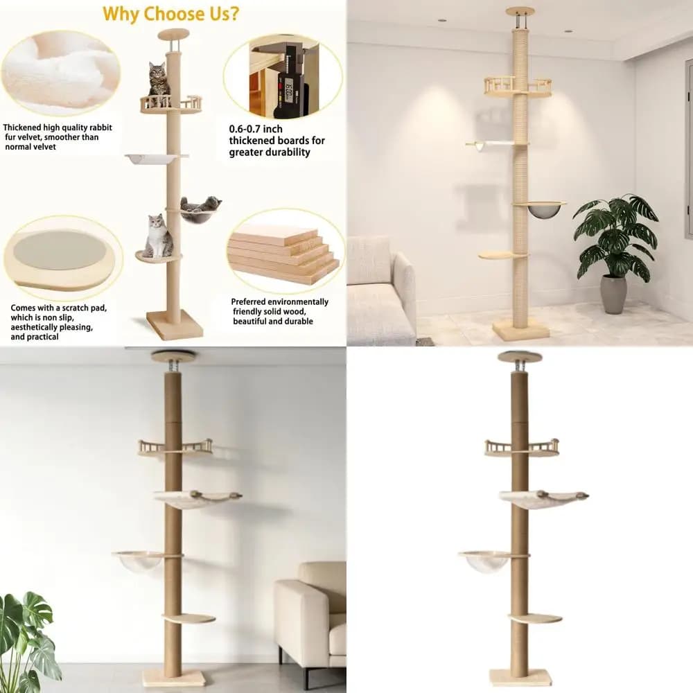 Albero per Gatti Regolabile in Altezza, da Soffitto, per Gattini e Gatti Grandi, Corda Naturale, 82-112 Pollici, Torre in Legno Fai-da-te con Cuccia