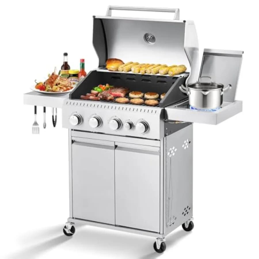 Barbecue a 4 fuochi in acciaio inox a gas propano con griglie in ghisa e fornello laterale da 4400 BTU per patio, campeggio e cucina all'aperto