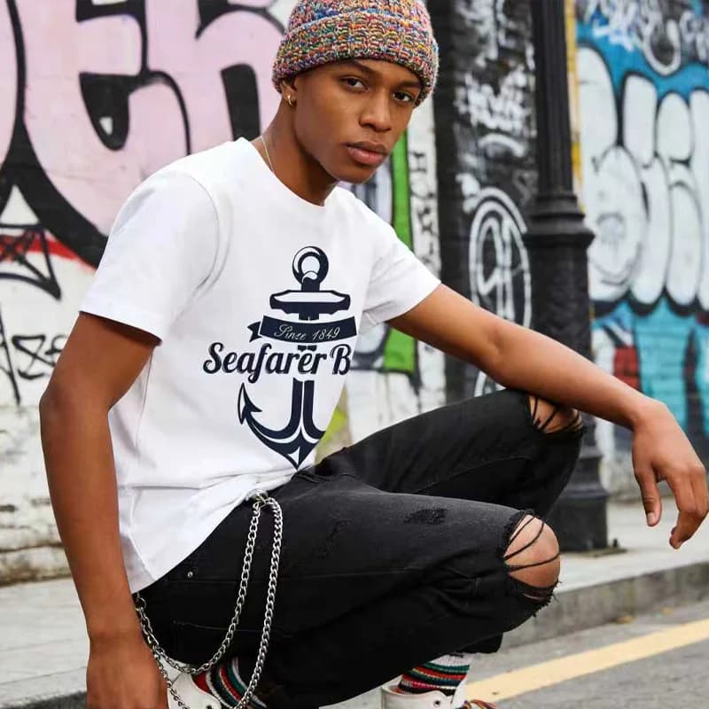 T-shirt da uomo in cotone con stampa ancora da marinaio, casual estiva, stile nautico, turchese, con grafica 1849