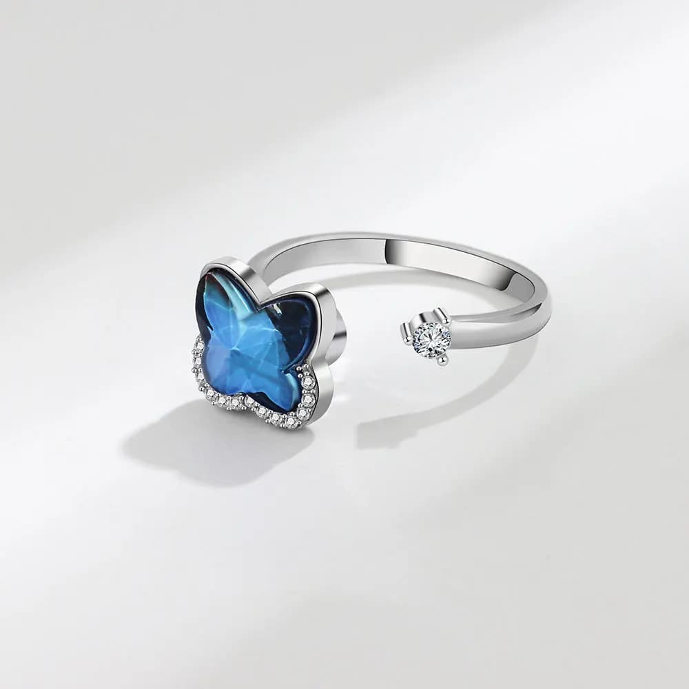 Mini Anello Antistress a Forma di Farfalla in Cristallo Blu per Ragazze, Spinner in Metallo Rotante, Anello da Donna per il Controllo dell'Ansia