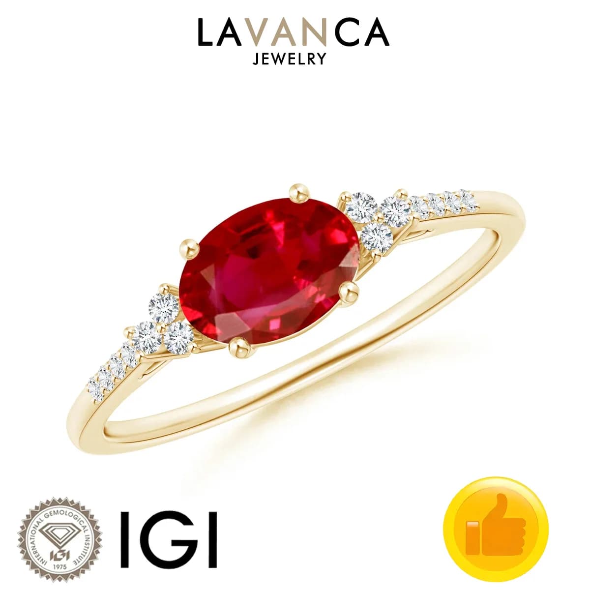 Anello con Rubino Ovale Coltivato in Laboratorio, Anello con Diamanti Rotondi in Laboratorio, Anello di Fidanzamento in Oro Giallo 9K/14K/18K, Gioielli di Design per Donne