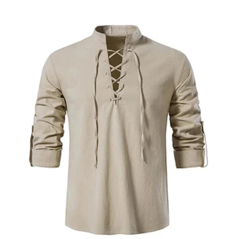 2023 nuovi uomini con scollo a v camicia t-shirt moda Vintage sottile manica lunga Top uomo Casual traspirante Viking Front Lace Up uomo camicie