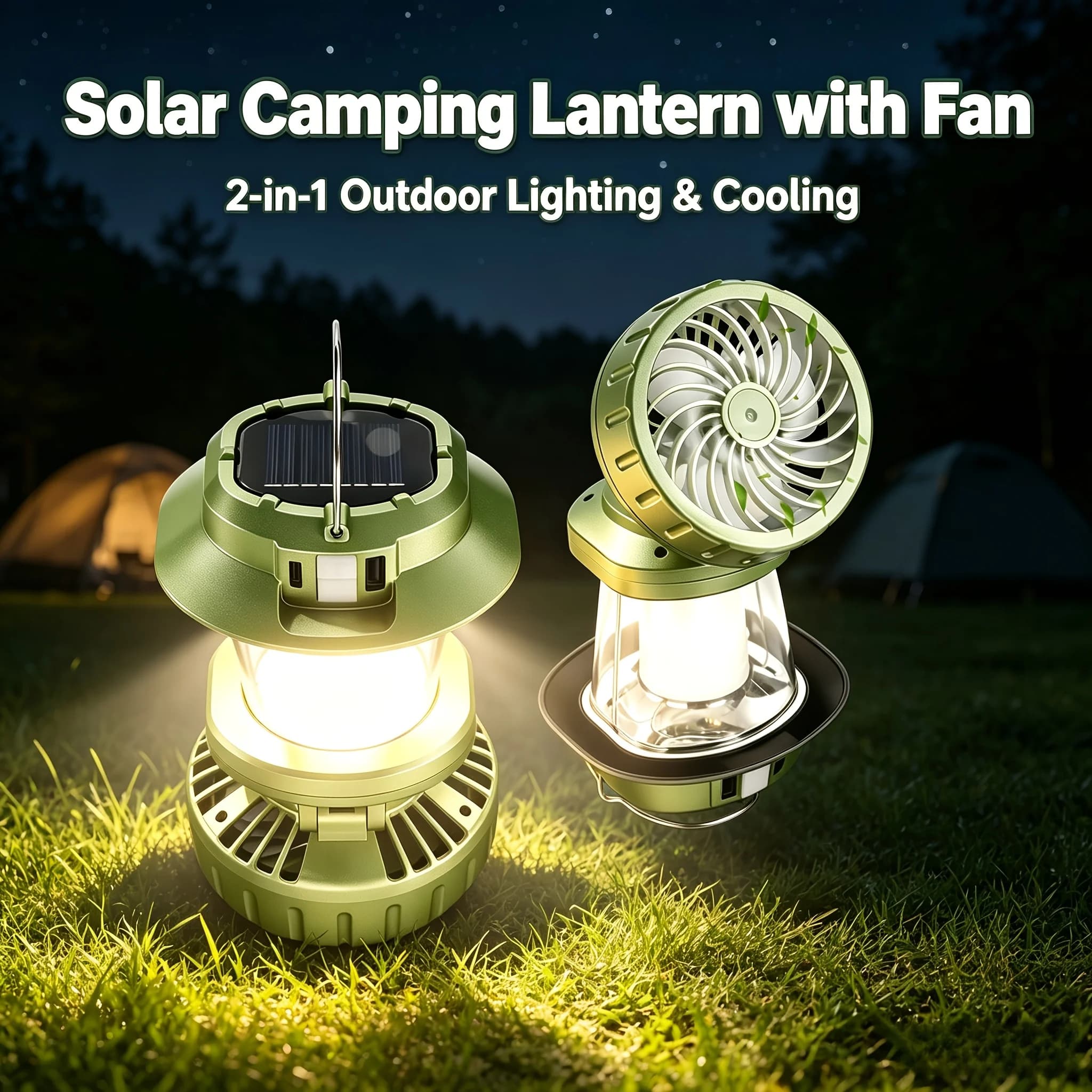 2 In 1 Portable Solar Camping Light With Fan Outdoor Emergency Tent Horse Lamp With 4 Lighting Modes and 1 Fan Mode Lantern