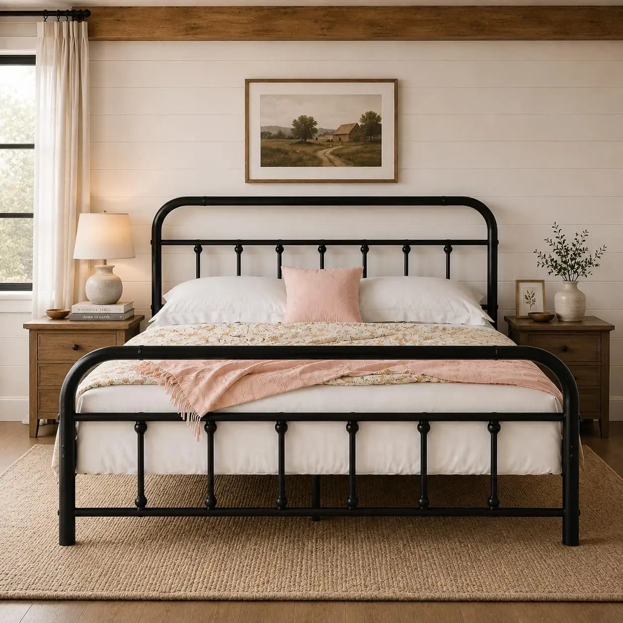Metal Bed Frame Queen Size Modern Platform Bed With Curved Headboard And Footboard Heavy Duty Mattress Foundation No Box Spring Needed Noise Free Easy Assembly Bedroom Furniture Black