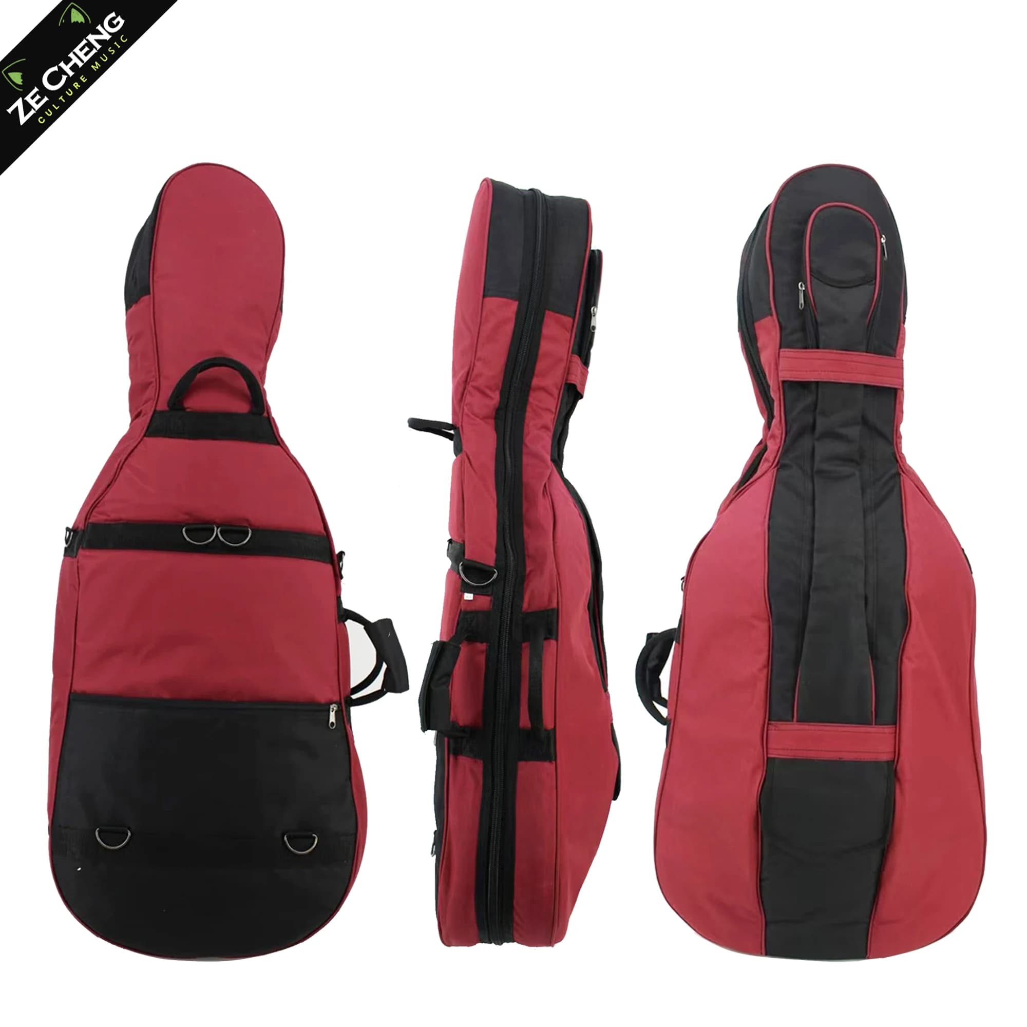 4/4 Cello Bag, Red & Black Oxford Cloth, Padded Waterproof Backpack, Double Shoulder & Handheld Carrying