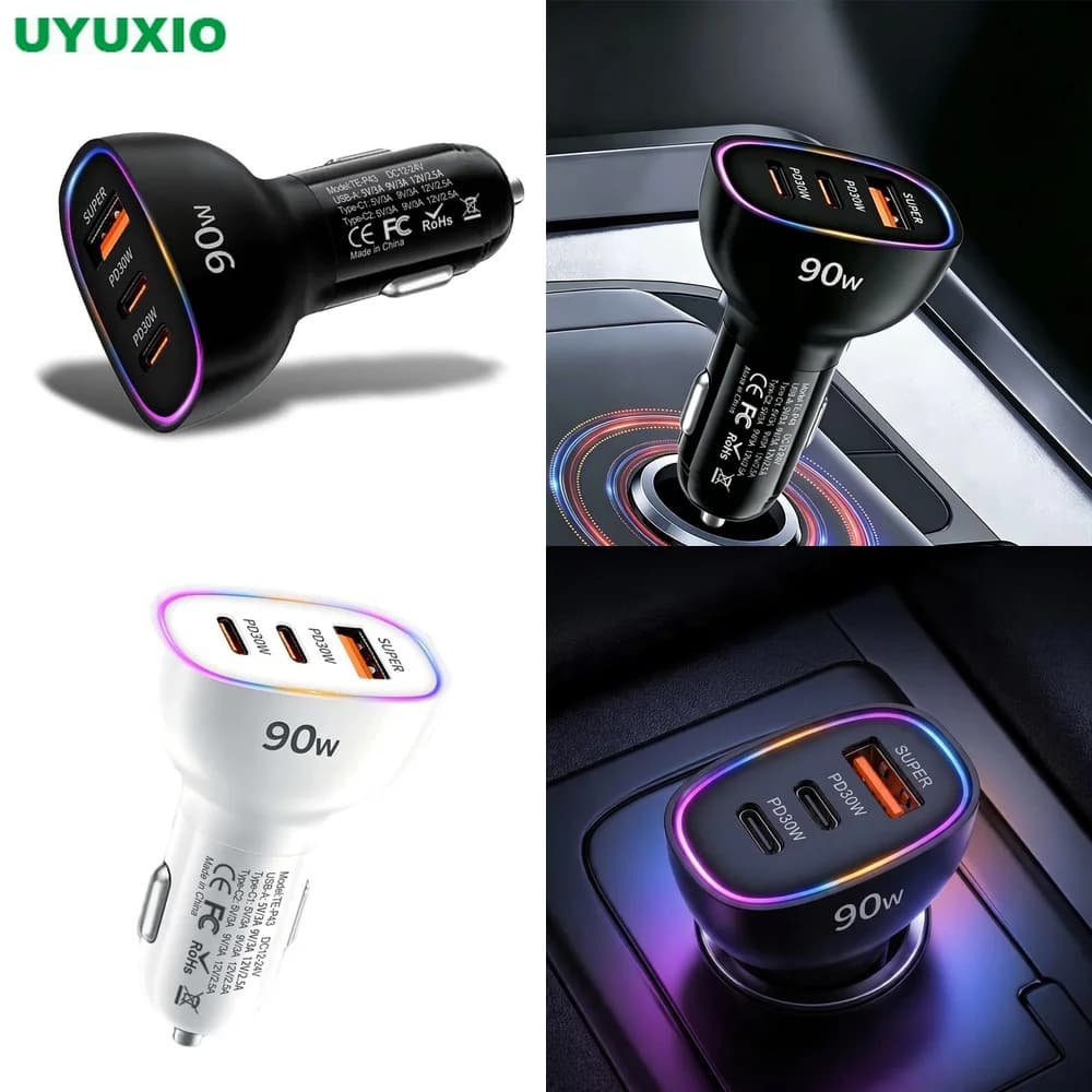 90W USB C Car Charger Multi Port Super Fast Charging Dual PD 30W Type C USB A 30W Power Adapter for Laptop MacBook Phone RGB