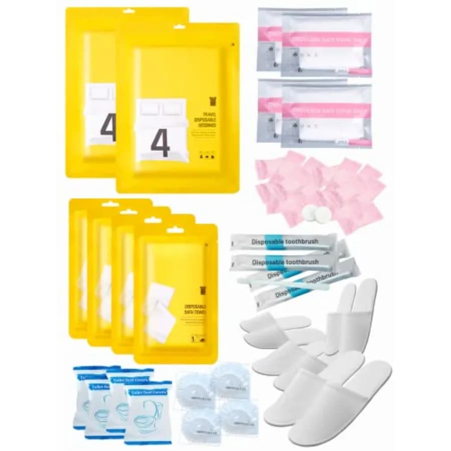 Set da Viaggio Monouso Extguds: Lenzuolo×2+Copripiumino×2+Federe×4+Asciugamani×4+Turbanti Doccia×4+Buste in Plastica per Vasca×4+Articoli da Toilette