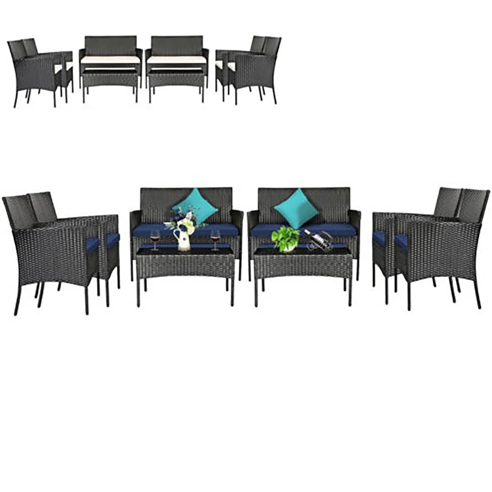 Set di mobili da giardino in rattan da 8 pezzi con cuscini blu navy e bianco sporco