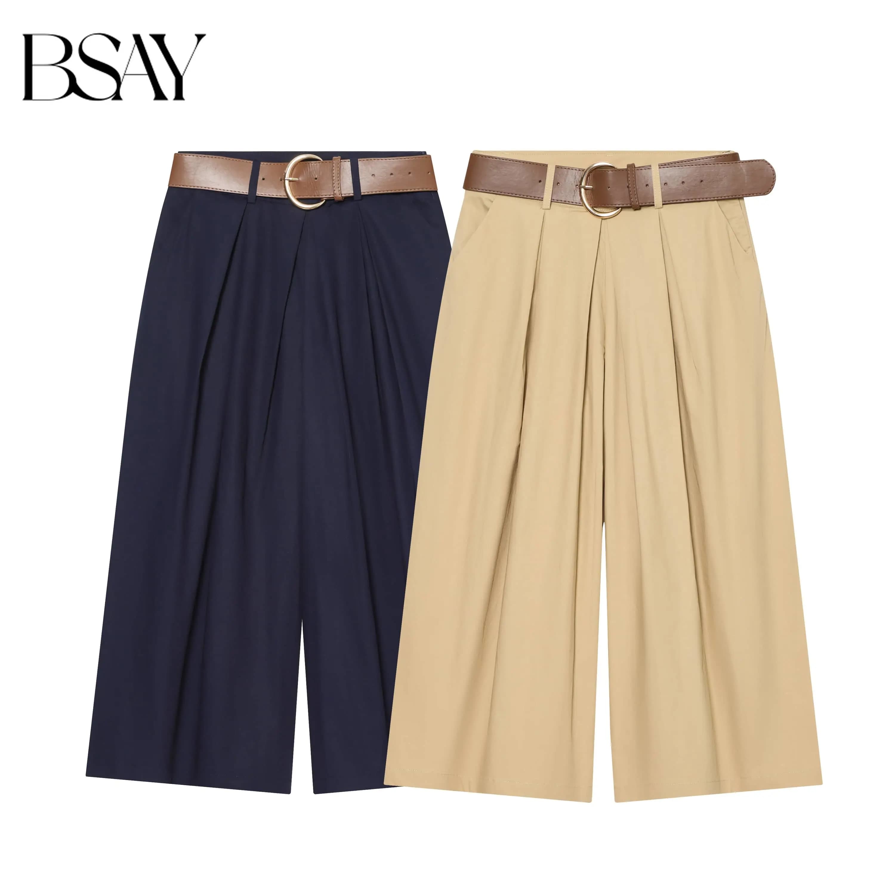 BSAY Women's high-waisted wide-leg pants with belt casual pleated solid color long trousers office ladies' commuting bottoms