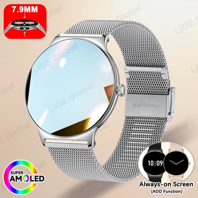 LIGE Smartwatch Ultra-Sottile da Donna, Display Sempre Attivo (AOD), Schermo AMOLED da 1.43'', Chiamate Bluetooth, Orologio Fitness Sportivo, Regalo per Lei