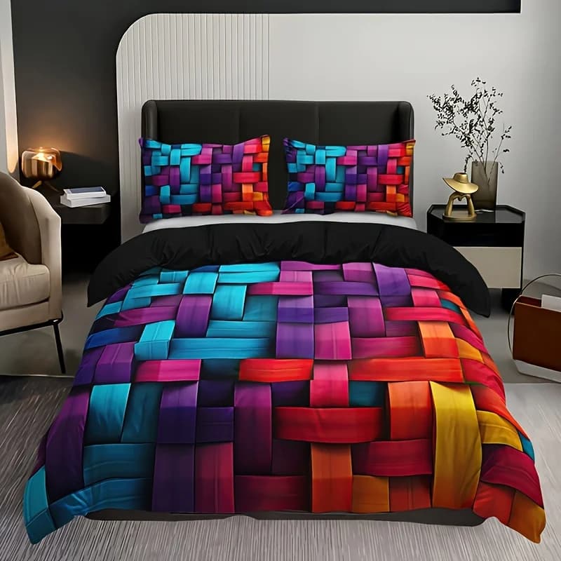 Set copripiumino scozzese geometrico colorato da 3 pezzi, 1 copripiumino + 2 federe (senza inserti per cuscino), stampa ad alta definizione per la casa