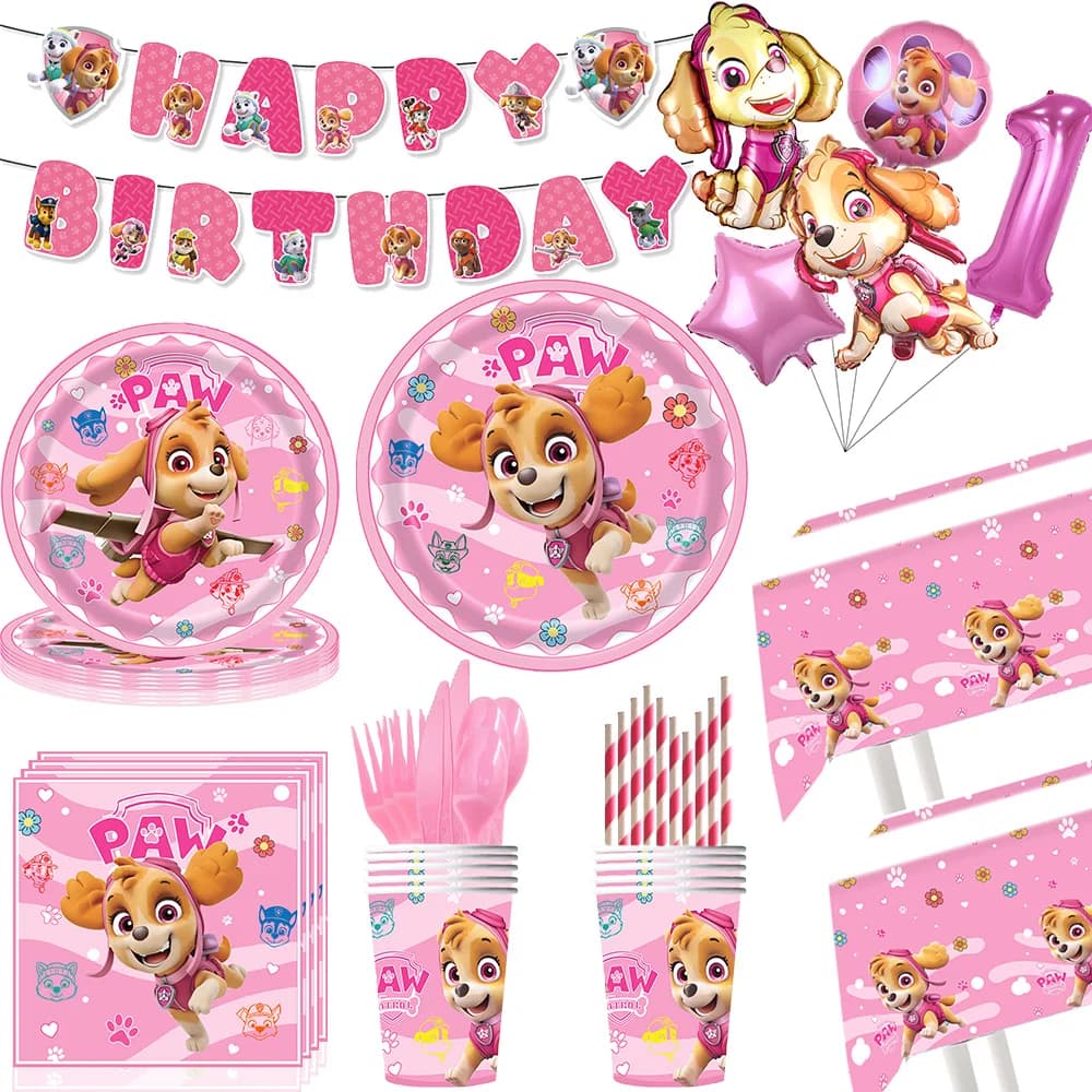 Cartoon Paw Patrol Decorazione di compleanno Cani rosa Skye Stoviglie usa e getta Piatto tazza Tovaglia Ragazza Baby Shower Articoli per feste